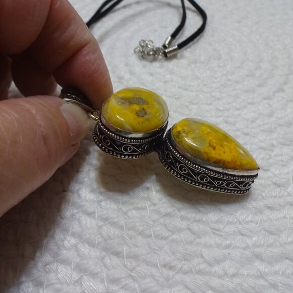 Natural BUMBLE BEE JASPER Handmade Sterling 925 Pendant/Cord #815C - Picture 2 of 3